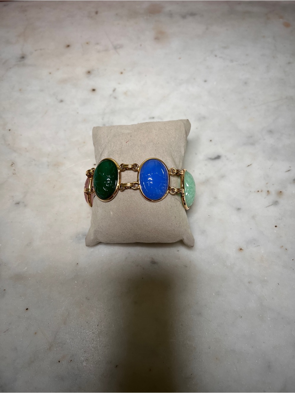 Vintage Wide Egyptian Revival Scarab  Bracelet Multicolor Glass Gold Tone 7"